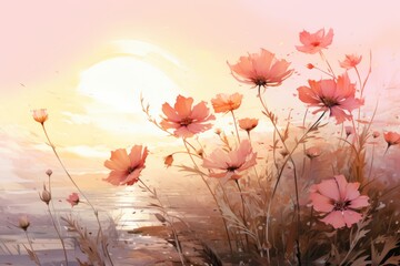 Pink cosmos flowers in a field at sunset, painted in a watercolor style.