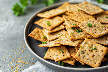 A pile of savory and spicy crackers, made with cricket flour, attractively arranged on a modern plate, perfect for a healthy and protein-rich snack alternative