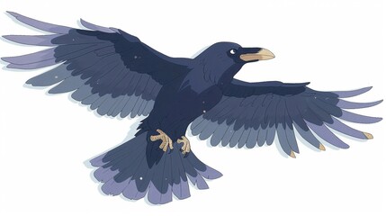 Fototapeta premium A black raven in flight, its sleek feathers glistening in the sunlight, isolated on a crisp white background 8K , high-resolution, ultra HD,up32K HD