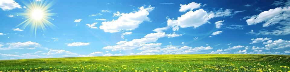 Blue sky, white clouds and green grassland background