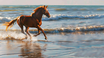 Galloping horse along the seashore at sunset