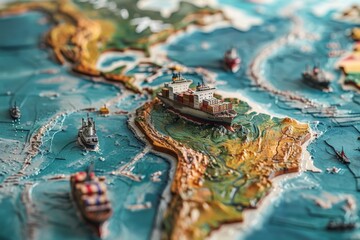 Global Logistics: Container Ship Sailing through South America on World Map - Tilt Shift Effect