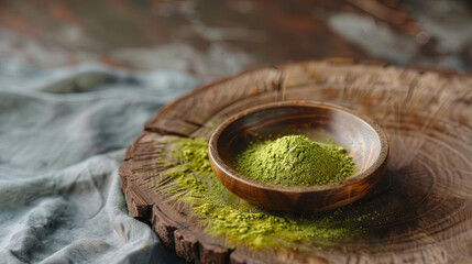 Green matcha powder for making drink on wooden background