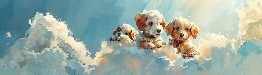 A watercolor painting of cute puppies sitting on fluffy clouds, looking down at the world below 8K , high-resolution, ultra HD,up32K HD