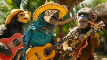 a group of animals enjoying a Cinco de Mayo party, with a mariachi band made up of parrots and monkeys