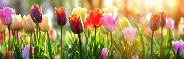 Vibrant tulips under the sun with a backdrop of spring.