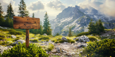 A blank wooden signpost in a scenic mountain landscape with lush greenery and a clear sky.