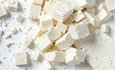 Diced white cheese on the table, top view. White background.