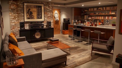 Retro vinyl record-themed basement with listening area, bar, and vintage record player.