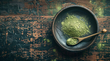Green matcha powder for making drink on wooden background