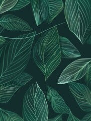 Hand drawn line art of a dark green leaf pattern, with a seamless texture background