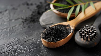 High-quality image of bamboo toiletries and accessories with black charcoal powder on a wet surface.