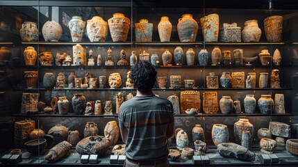 An anthropologist studying cultural artifacts from an archaeological site,Artifacts arranged on display for analysis - obrazy, fototapety, plakaty