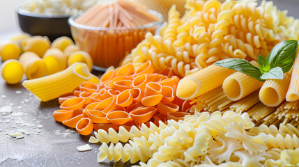 An assortment of different types of pasta presented in handfuls on a pristine white background - obrazy, fototapety, plakaty