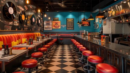 Retro vinyl record-themed bistro with vinyl record menu boards, vintage diner stools, and live...