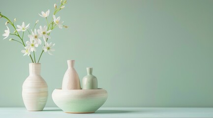 Spring flowers in the shape of vases, with a gentle green background and ceramic vases and bowl on a table
