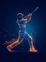 Electric blue silhouette of a baseball player swinging a bat made of polygons lowpoly neon network