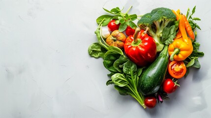 Assortment of fresh vegetables and herbs on a light textured background, bright and colorful.