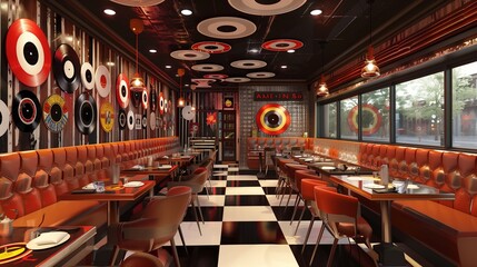 Retro vinyl record-themed burger joint with vinyl record burger patties, retro diner booths, and classic rock tunes.