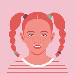 Portrait of a happy red-haired girl. The face of a smiling child. Avatar of a schoolgirl. Vector flat illustration