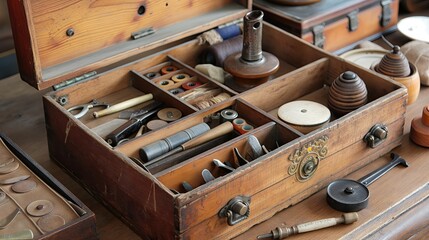 A vintage sewing box filled with tools and treasures. --ar 16:9 --style raw Job ID: 019b13f5-8f69-41be-8344-cfce4a0eed1c - obrazy, fototapety, plakaty