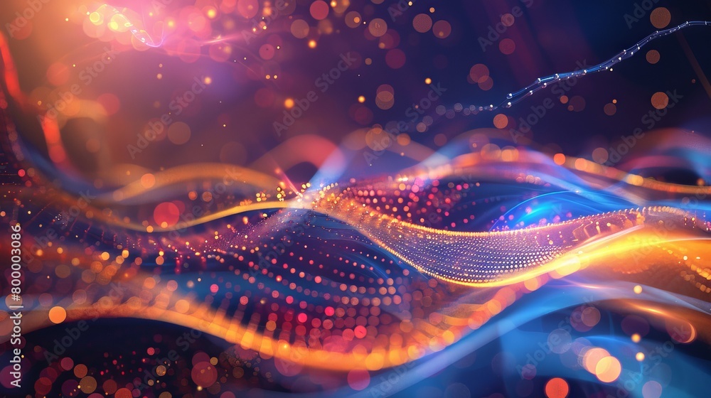 Poster quantum technology concept: futuristic science background with dynamic particles and waves, abstract