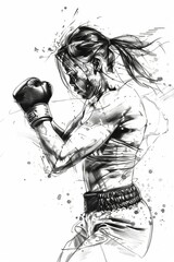 Artistic sketch of a determined female boxer throwing a punch