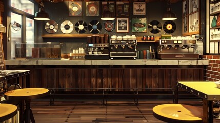 Retro vinyl record-themed coffee shop with a record barista station, vinyl record tables, and...