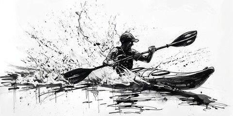 Artistic monochrome illustration of a person kayaking with splash effects