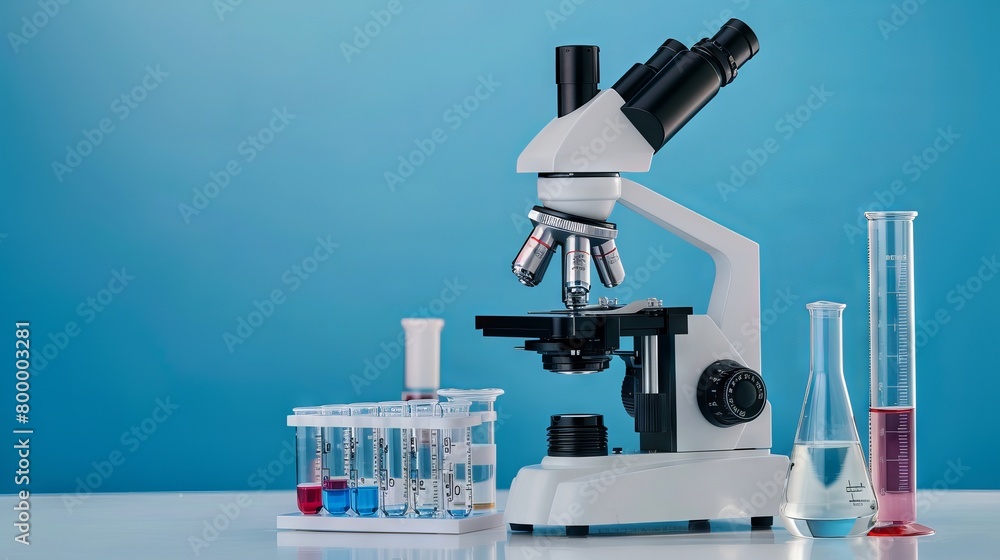 Poster scientific exploration: microscope with lab glassware in research and development laboratory setting