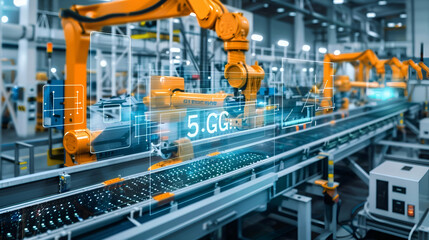 Industrial factory showcasing 5G connection technology for high-speed wifi internet, enhancing manufacturing efficiency and automation process management for smart factories