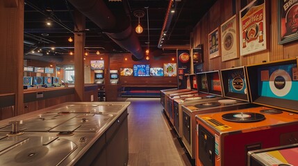 Retro vinyl record-themed craft beer brewery with vinyl record flight trays, vintage arcade games,...