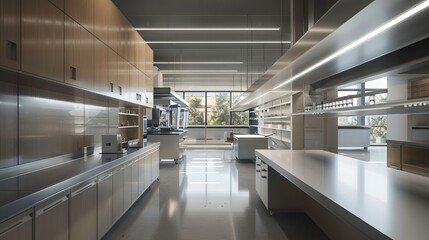 Naklejka premium Contemporary science laboratory interior design with futuristic features and equipment, clean and sleek aesthetic, technology integration - architectural concept for modern research facility