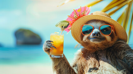 Naklejka premium A sloth blooper, sunglasses and a glass of cocktail against the background of the ocean