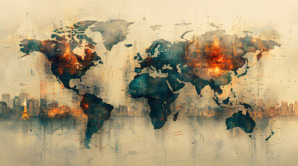 Unfolding Digital Map on Earth Background with Abstract Elements