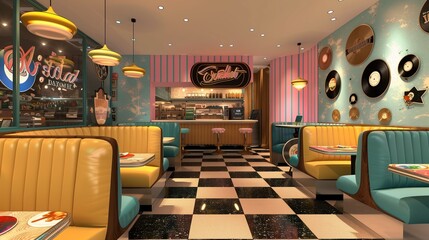 Retro vinyl record-themed donut shop with vinyl record-shaped donuts, vintage diner booths, and...
