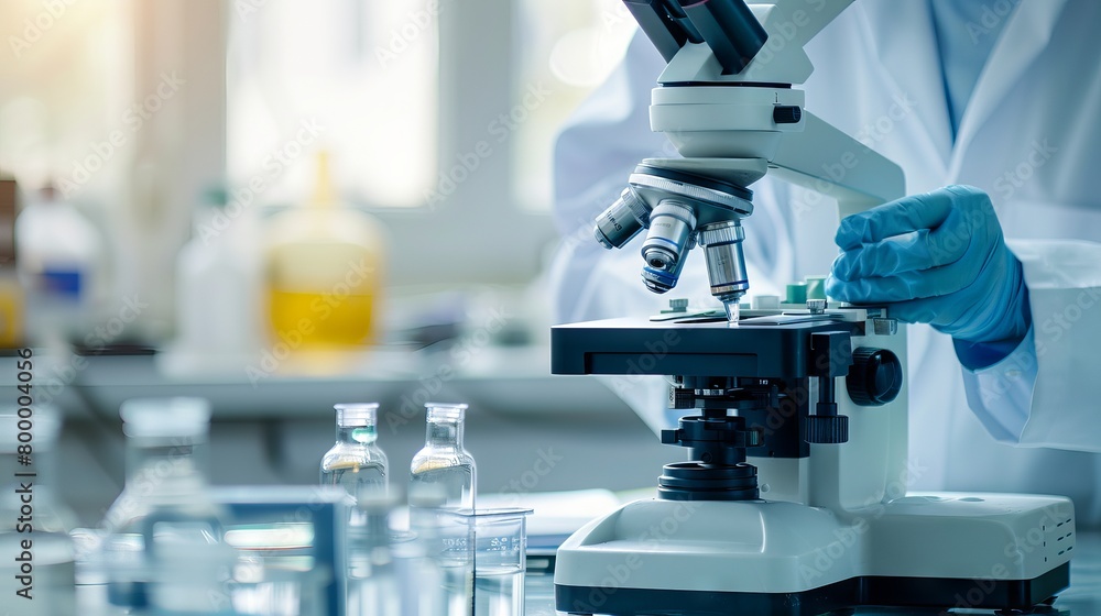 Poster scientists analyzing data and evaluating microscope in life science laboratory – health care researc
