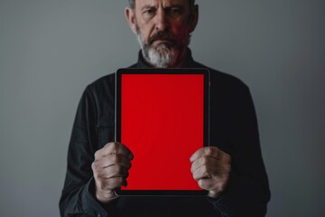 Application mockup caucasian man in his 50s holding a tablet with a completely red screen