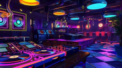 Retro vinyl record-themed nightclub with vinyl record DJ booth, retro dance floor, and neon...
