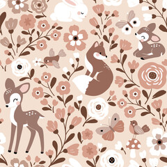 Seamless vector pattern with cute hand drawn woodland animals and flowers. Perfect for textile, wallpaper or print design.