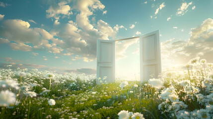 A conceptual image depicting a pair of wide-open white doors standing in the midst of a lush field blanketed with vibrant white spring flowers, symbolizing new beginnings and endless possibilities