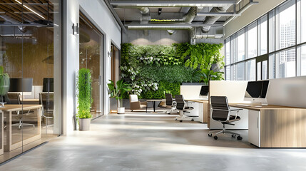 A modern, eco-friendly office environment promoting employee health, featuring a lush living green wall, natural light, and ergonomic furniture designed for comfort and productivity