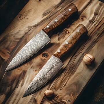 Hunting damascus steel knives handmade on wooden background

