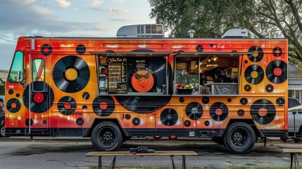 Retro vinyl record-themed taco truck with vinyl record menu boards, retro decor, and live music.