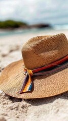 Close-up of a woven straw hat resting on the sand, adorned with a colorful ribbon