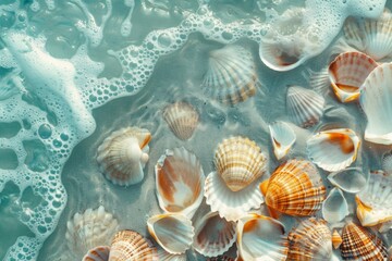Close-up of weathered seashells scattered on the sand, washed by gentle turquoise waves