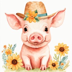 Floral Baby Pig Nursery Illustration Generative AI Illustration 