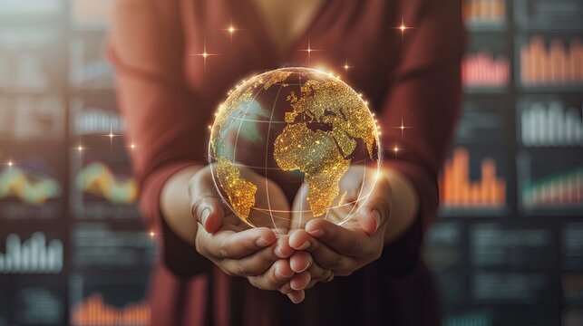 A businessperson holds a glowing digital globe symbolizing worldwide connectivity and data exchange in a modern world..