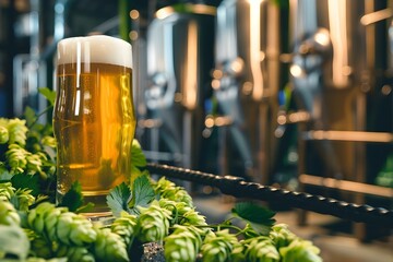 Beer Production: A Plant-Based Manufacturing Process. Concept Sustainable Brewing Processes, Plant-Based Ingredients, Eco-Friendly Beer Production, Renewable Energy Usage
