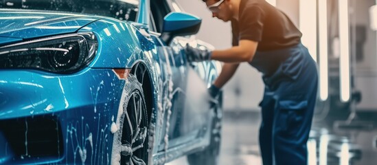 A worker washes the car with sponges and soap